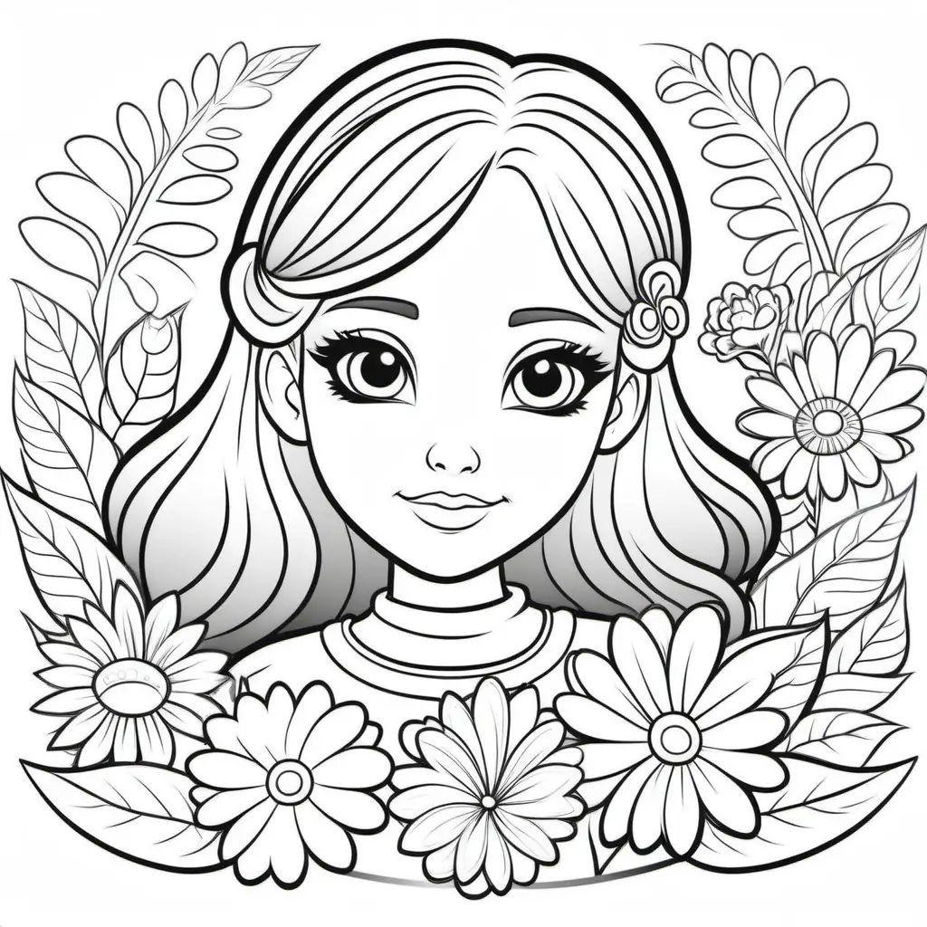 colouring page for girl with  flowers around 
cartoon style , thick lines , low detail , no shading --r 911