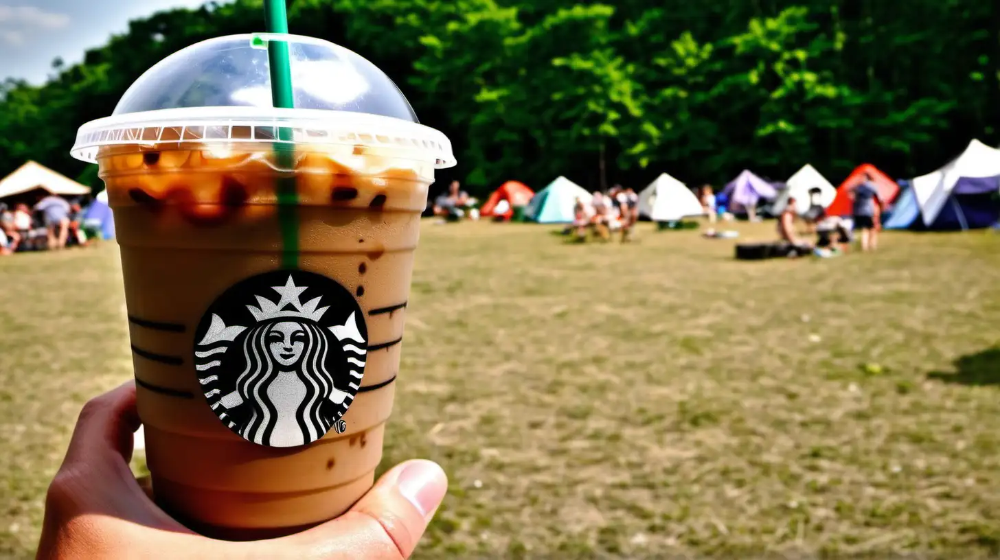 Summer Festival Camping Customer Enjoying Starbucks Iced Coffee