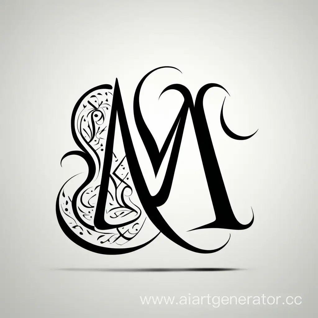 Буква "М" с арабской каллиграфией, черно-белая, в стиле минимализм