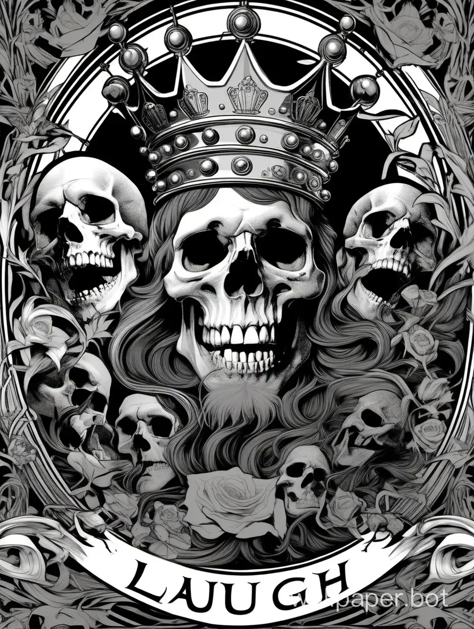 laugh skull wearing a time crown, assimetrical, alphonse mucha, william morris poster, hiperdetailed, black,white, gray, red, hipercontrast