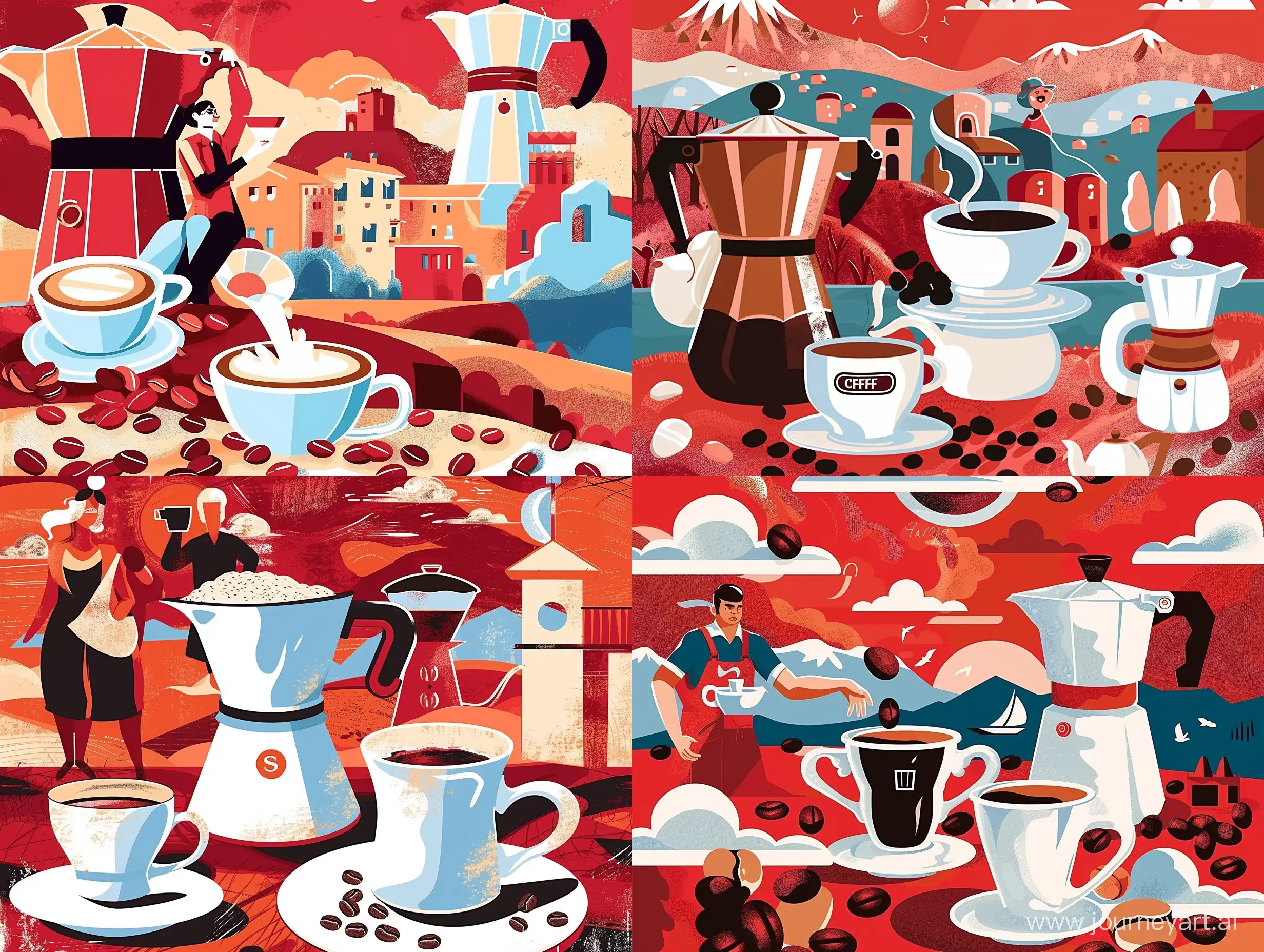 Иллюстрация в стиле авангард кофе, зерна кофе, кружка кофе, кофейник, на фоне пейзажа Италии на красном фоне - sref https://i.pinimg.com/564x/0e/d2/af/0ed2af27f60e45812fa686f40eae5bb7.jpg