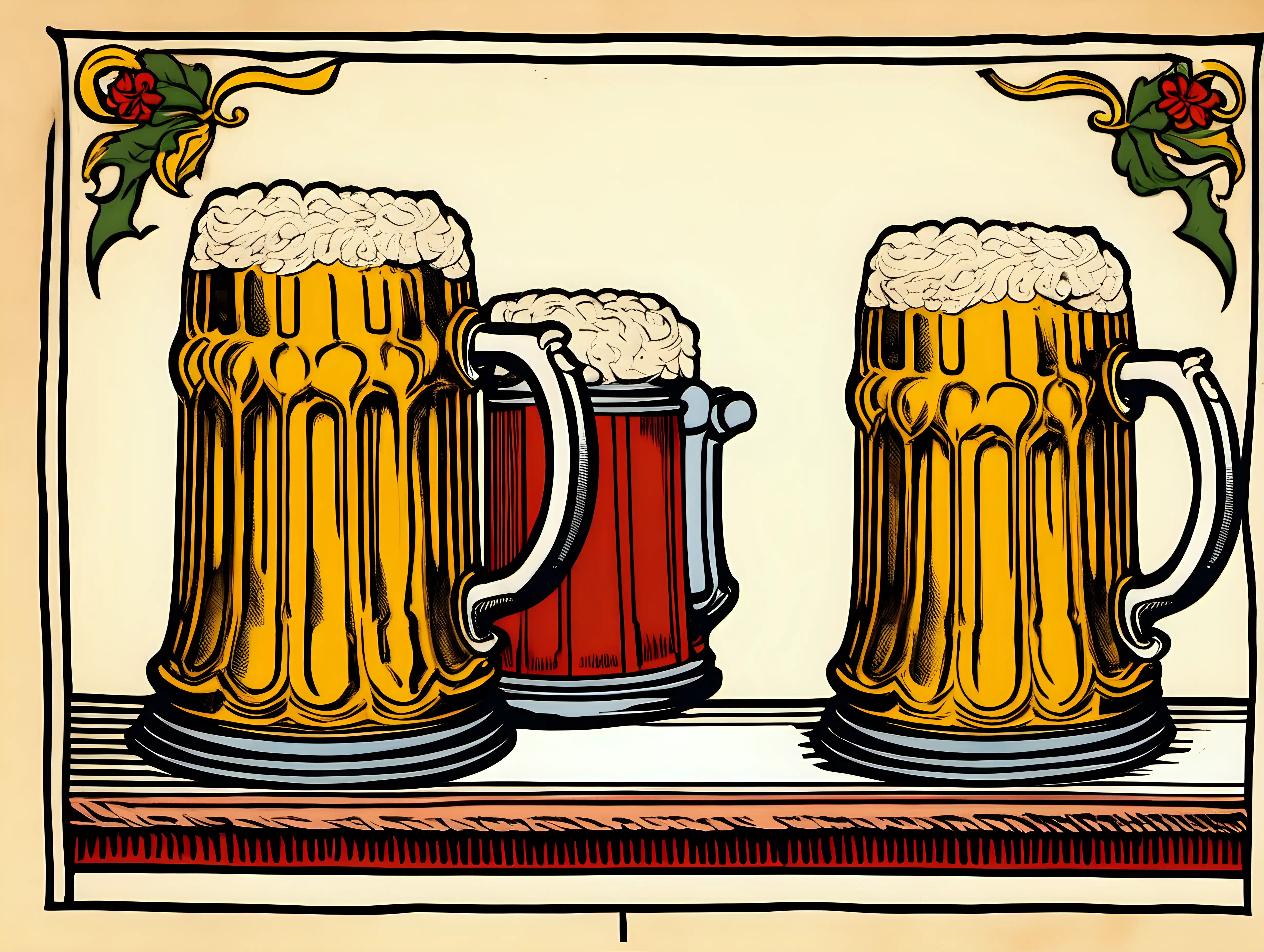 Zwei einzelne Humpen Bier auf einem Tisch. Sonst nichts  Zeichenstil: Codex Manesse