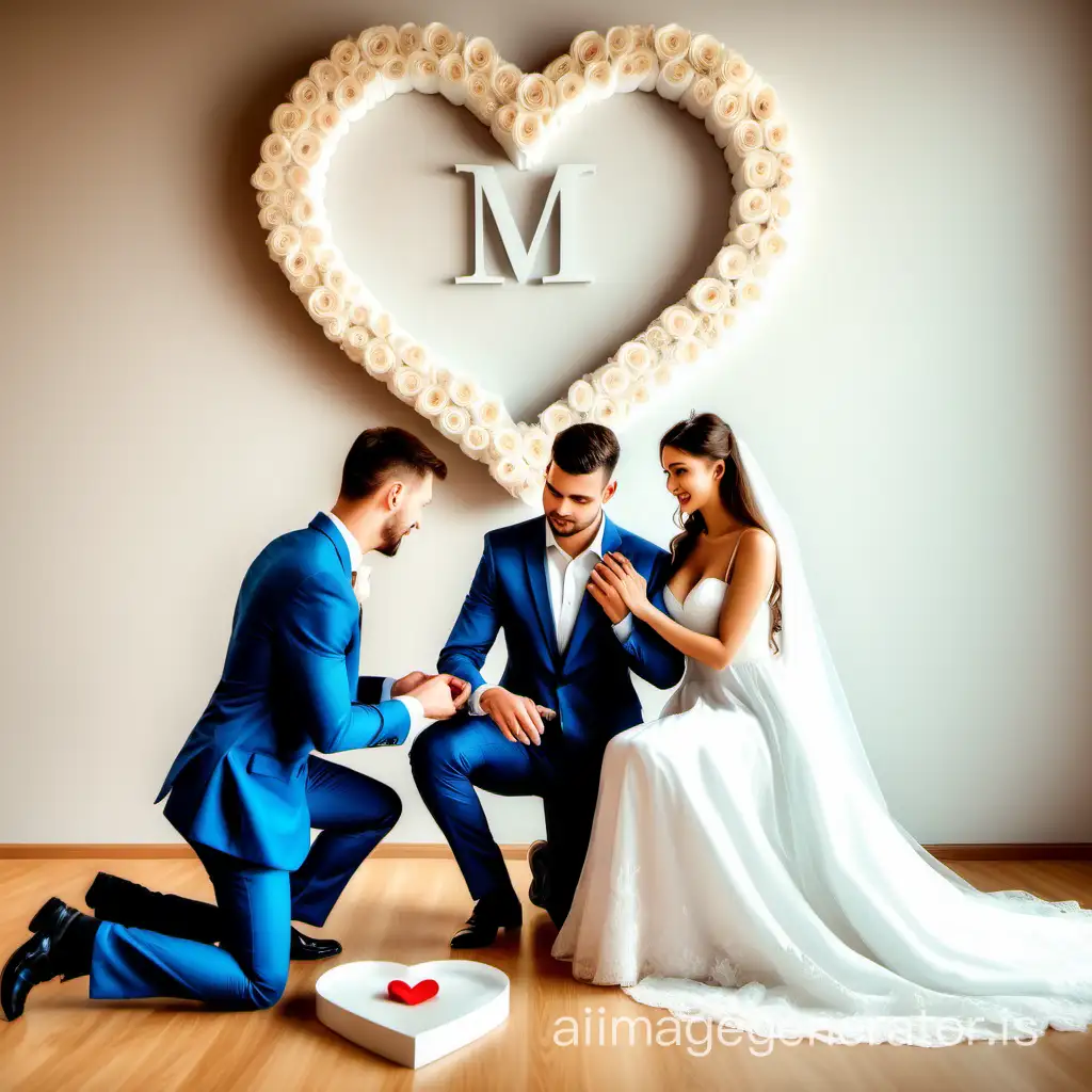 a handsome couple is standing in bride groom dresses and man is giving ring to women by siting on his knees in background the wall have heart with initials B love M
