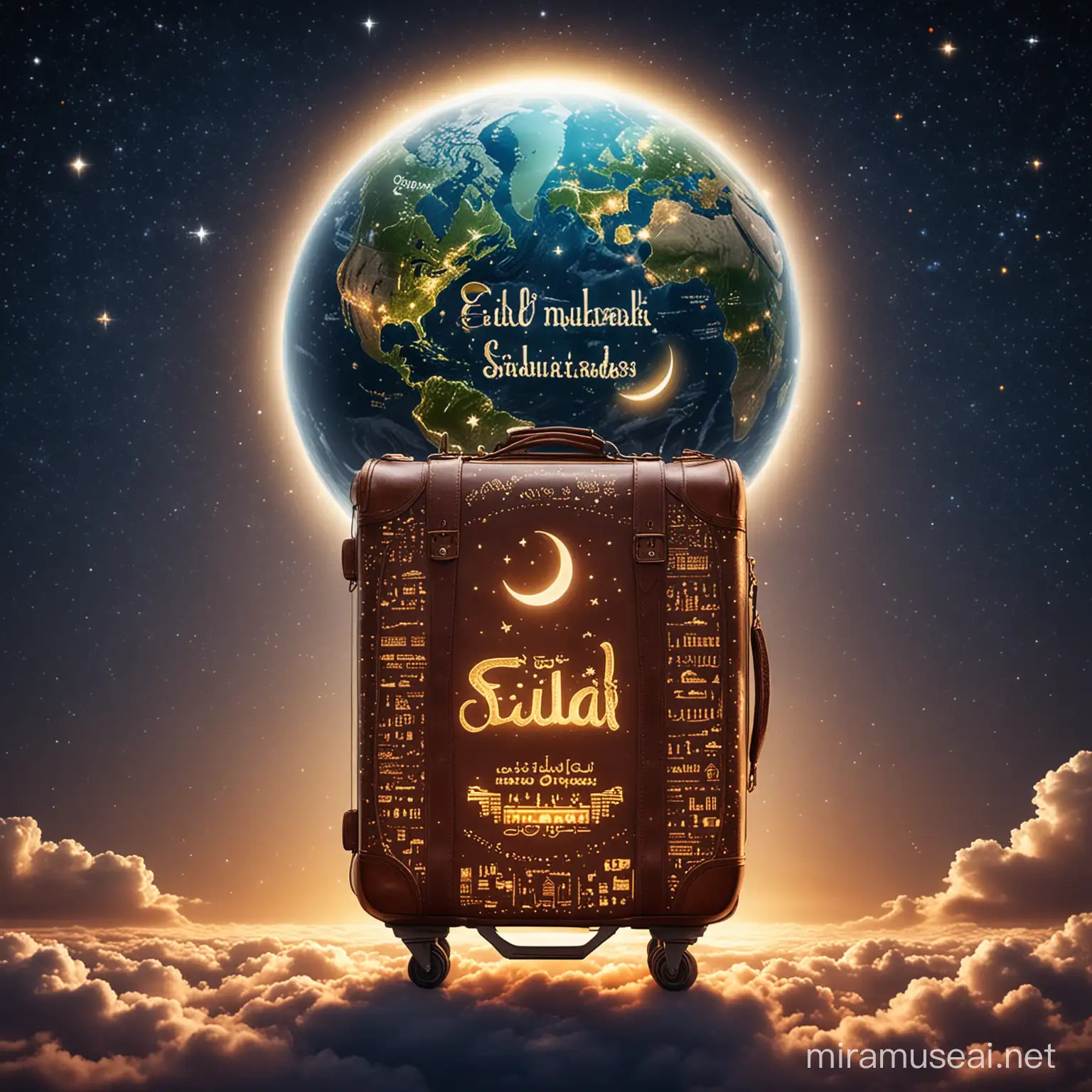 "Eid Mubarak text" travels creative. Make a beautiful trolley bag, set on top of a globe with a moon shining brightly on the night sky