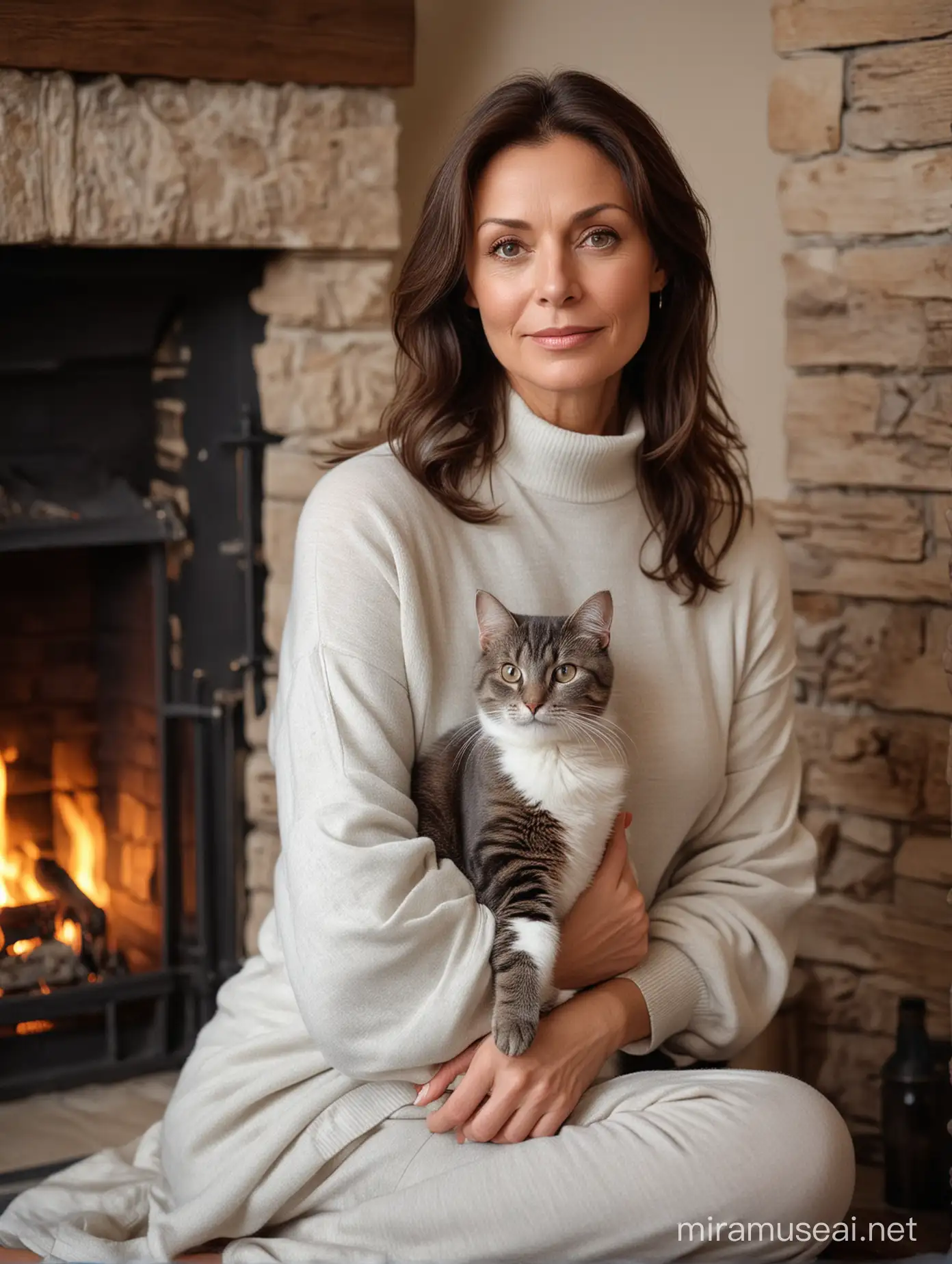 Elegant Mature Woman Sitting by Fireplace with Cat
