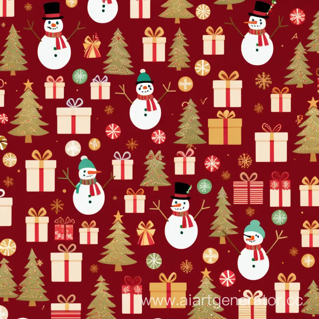 a monotonous background with repeating objects in a Christmas style :: Gift Pattern Images :: snowman, presents, trees :: red, golden 