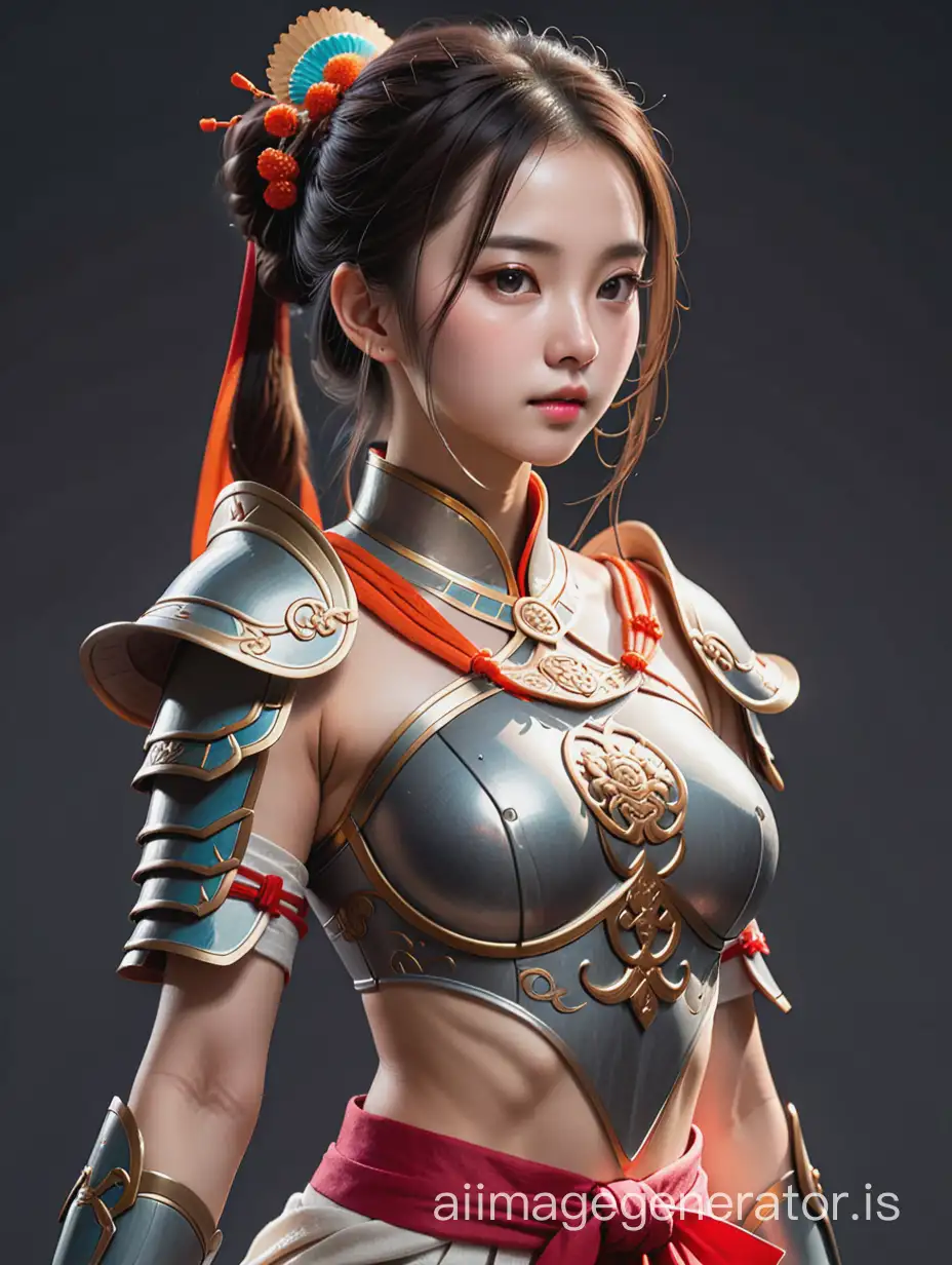 1girl, leogirl, ((ancient chinese clothes light armor)), (((3/4 pose photography))), Sweaty, armpit, solid gray background, Dramatic composition, fit body, fully immersed in natural light, best quality, highly detailed features, top-quality, 8K, ​masterpiece, Photorealsitic.