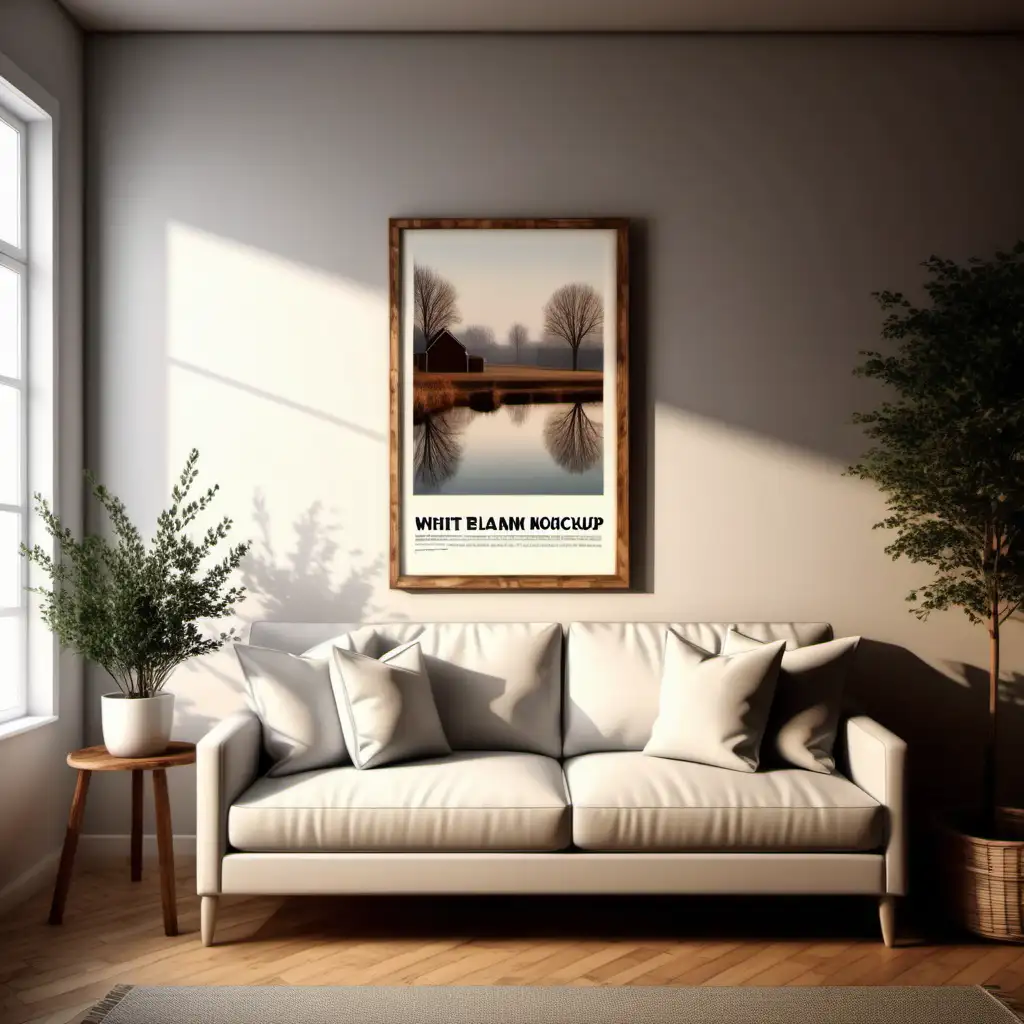 Farmhouse Style Cozy Living Room with Wooden Poster Mockup