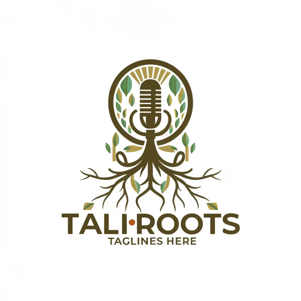 a logo design,with the text "TaliRoots", main symbol:microphone
cool trees
roots
,complex,clear background
