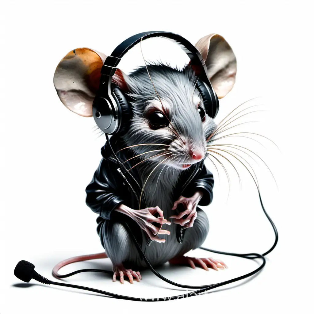 A hyper-realistic mouse painted to look like a death metallist, sitting hunched over with headphones on a white background, sideways to the viewer