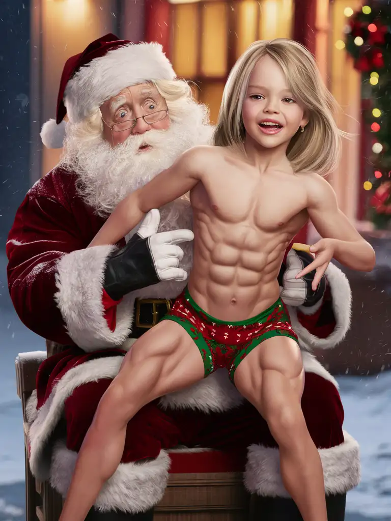 8 years old blond hair girl, flat chested, muscular abs, showing her belly, sit on Santa, realism