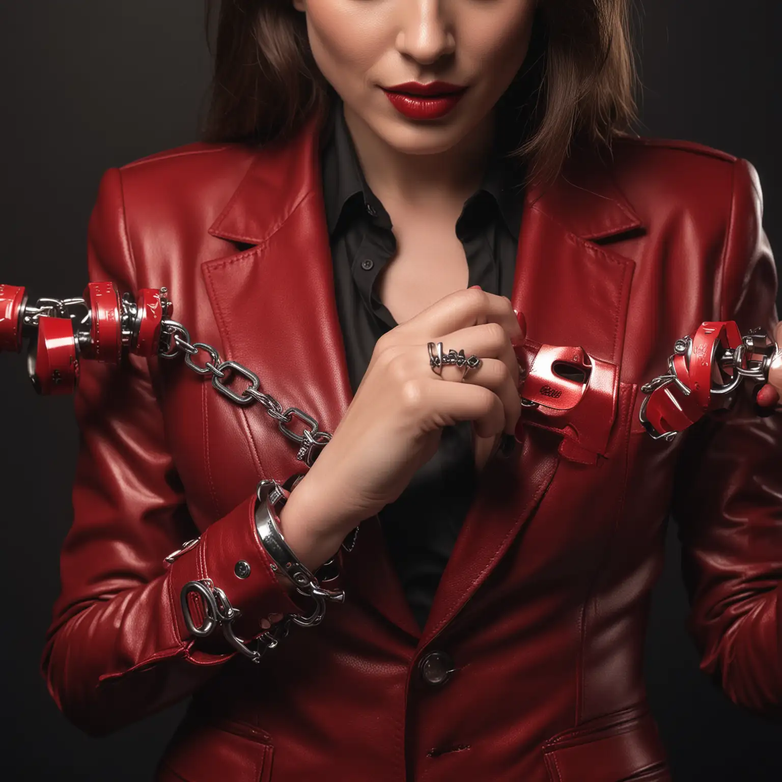 CloseUp of Sissy Red Lipstick and Metallic Handcuffs in Dark Room