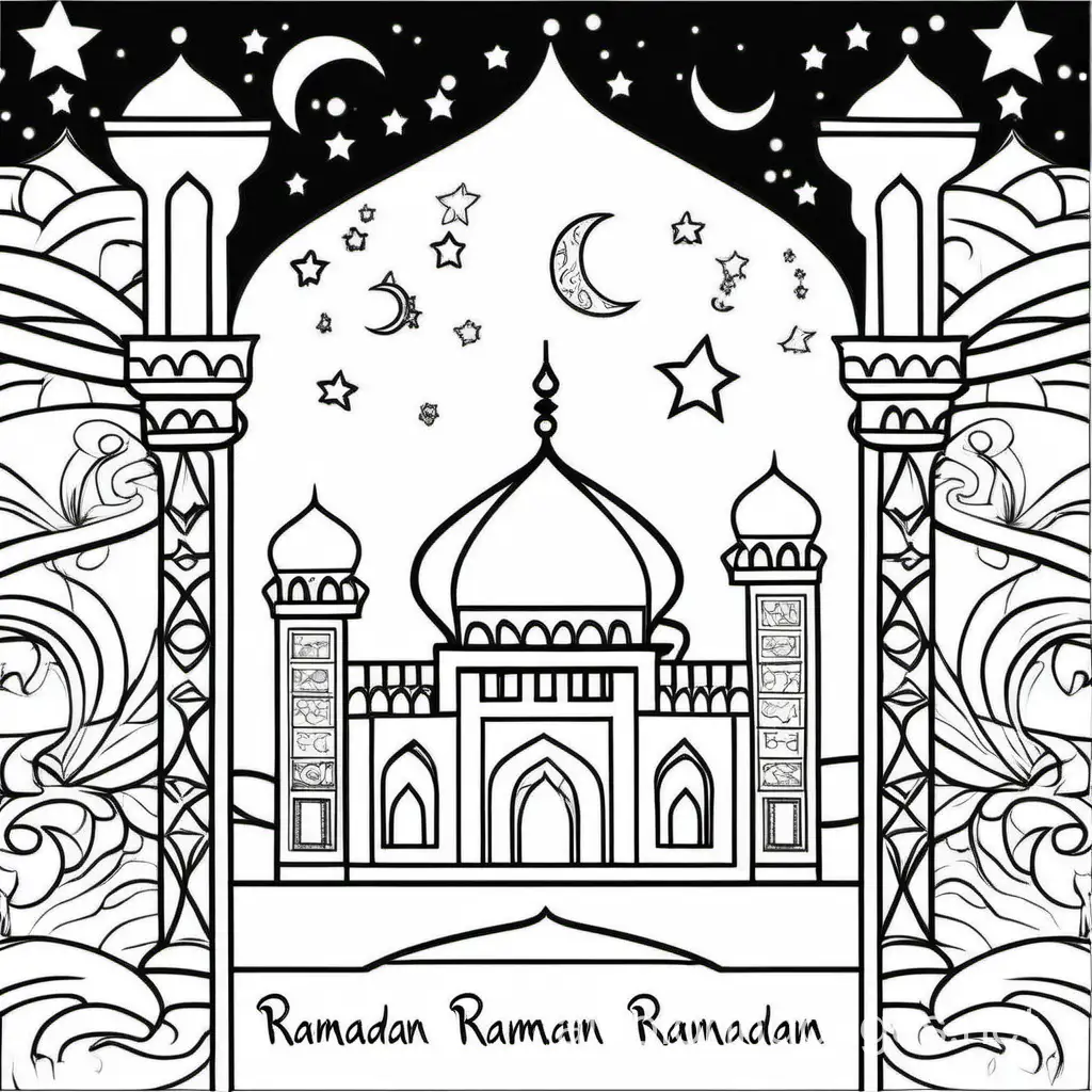 ramadan, Coloring Page, black and white, line art, white background, Simplicity, Ample White Space. The background of the coloring page is plain white to make it easy for young children to color within the lines. The outlines of all the subjects are easy to distinguish, making it simple for kids to color without too much difficulty