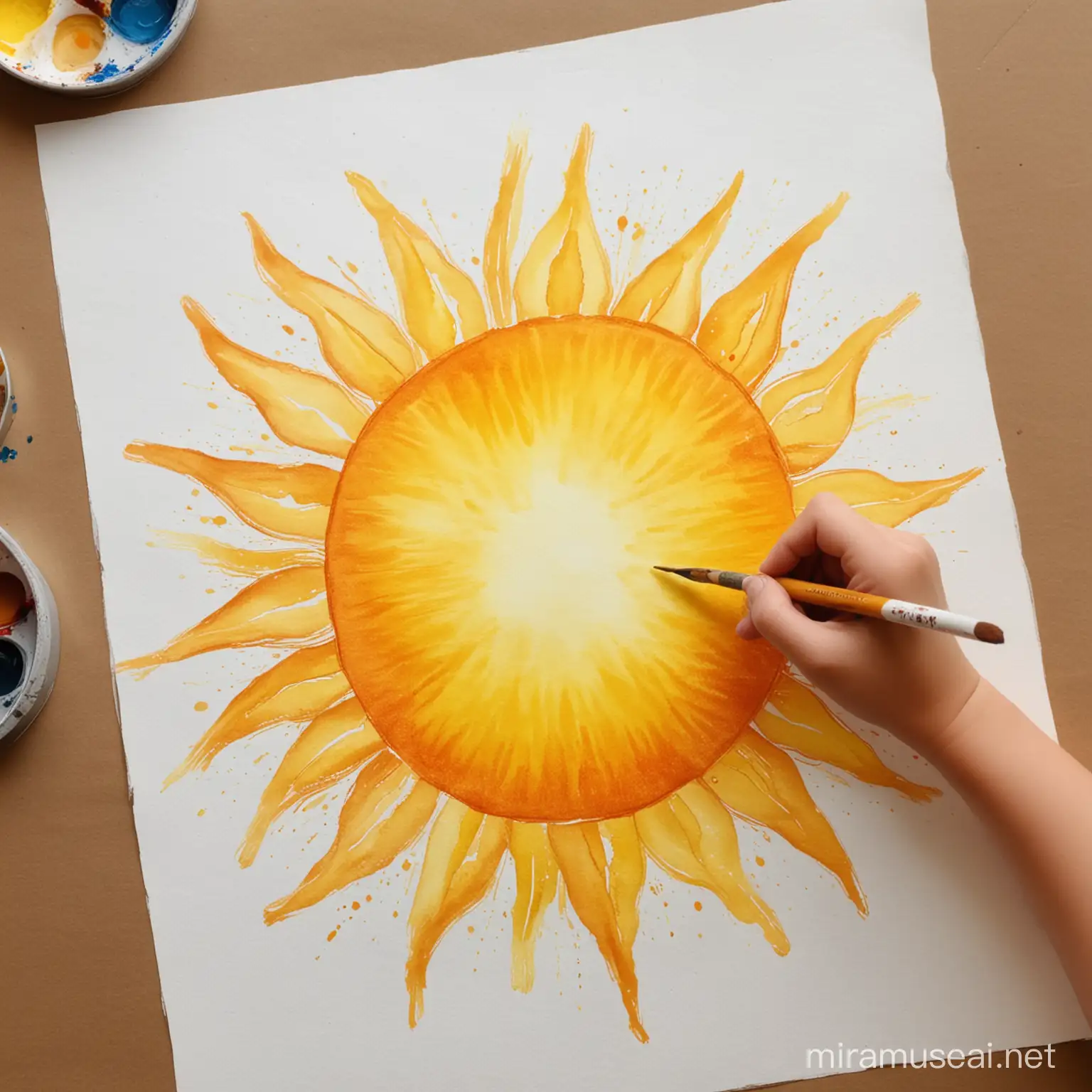 Niño pintando un dibujo de un sol amarillo con acuarelas acabado en acuarela tipo dibujo
