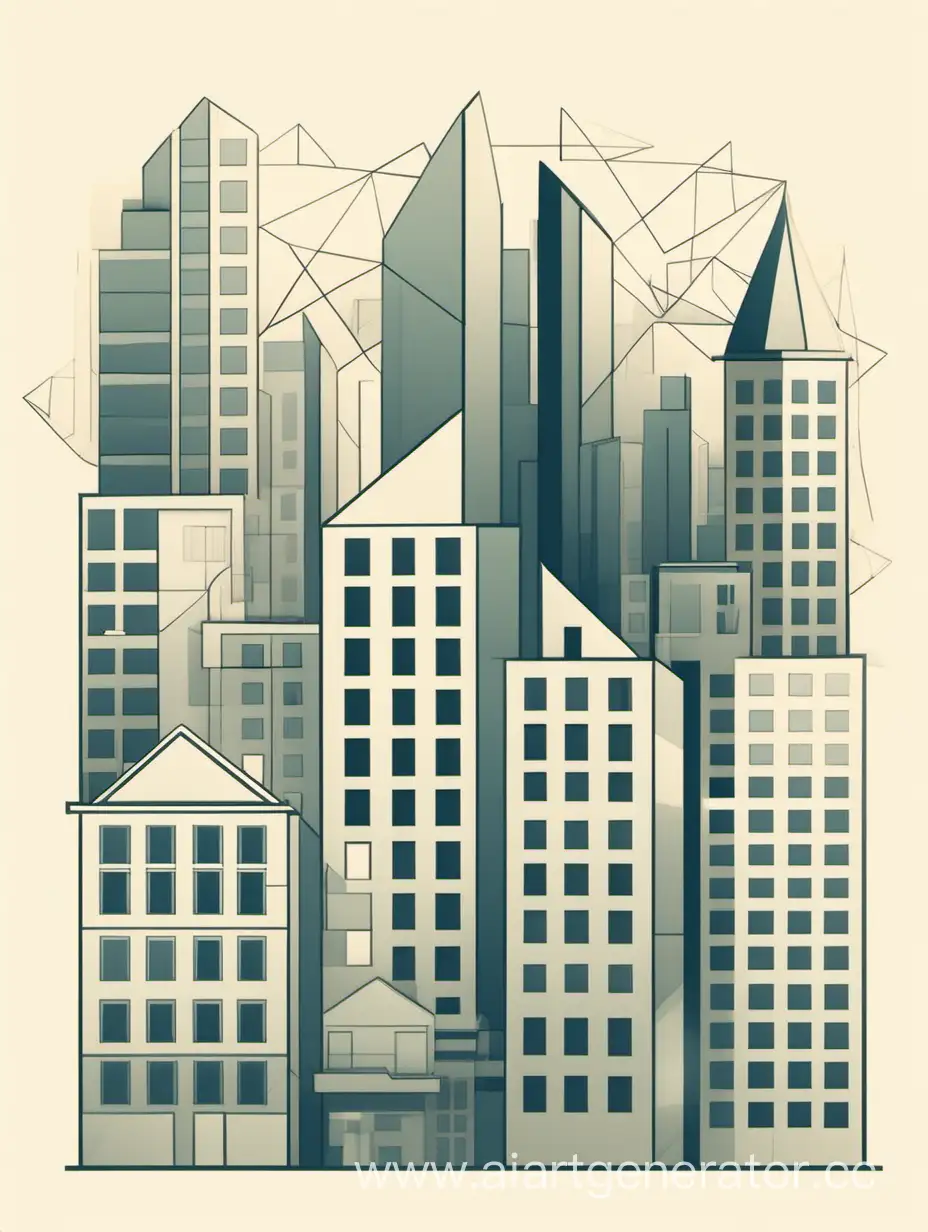 нарисуй МИНИМАЛИСТИЧНУЮ 2d плоскую композицию из геометрический фигур на тему город