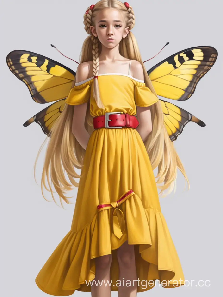 hybrid teenager girl with yellow Venezuelan  Moth, with yellow dress take-off shoulder and red belt, with glovelettes, with blond long hair in braid, full height