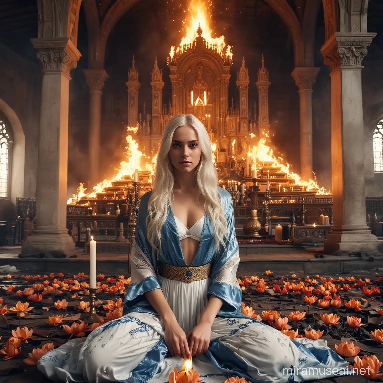 Mysterious Teenage Empress Goddess at Fiery Altar in Old Catholic Church