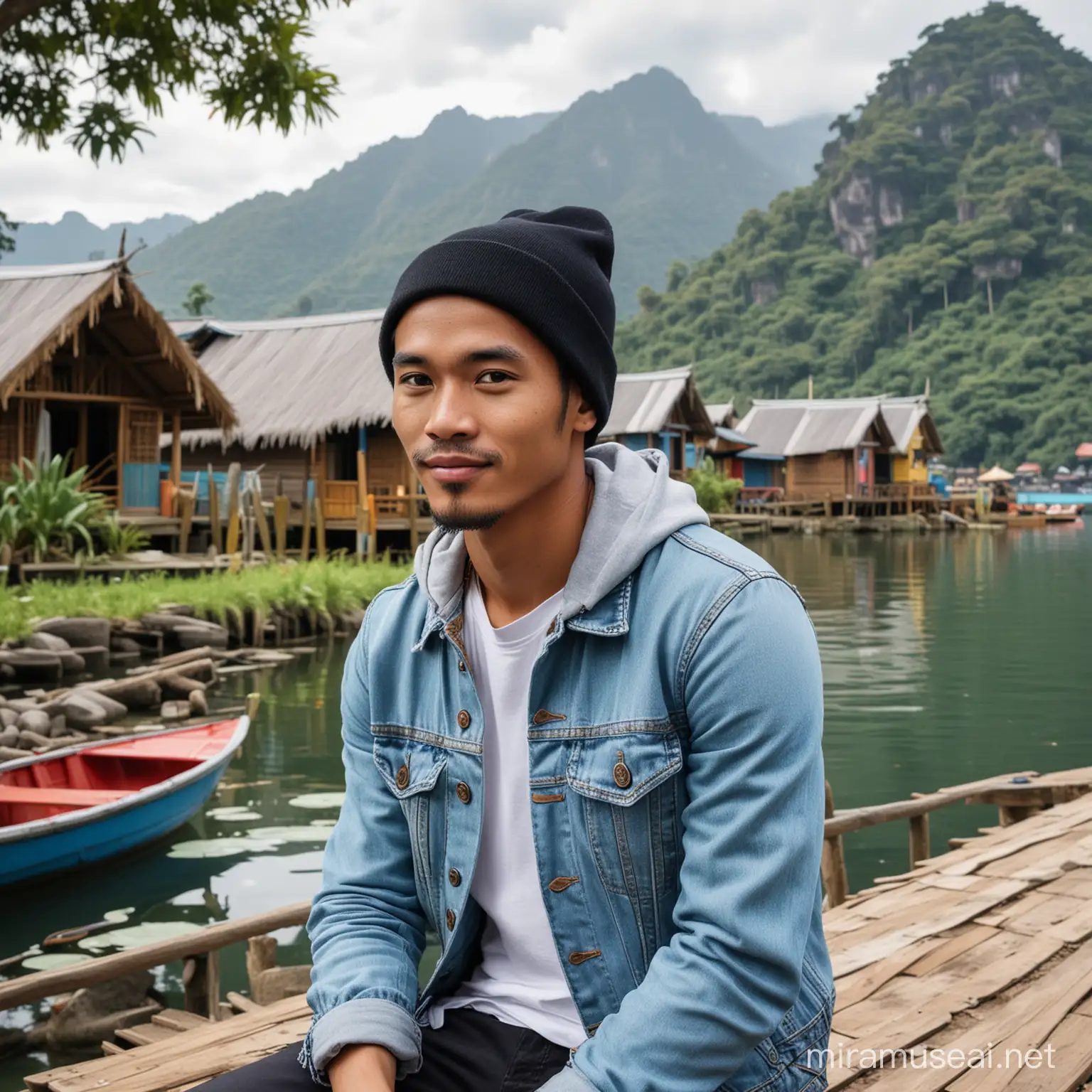 Gambar seorang lelaki indonesia tampan usia 30 tahun memakai beanie hitam dan jaket jeans biru muda sedang duduk di tepi danau di siang hari,latar belakang,beberapa pondok beratap daun,dan beberapa sampan berwarna,gambar asli dan nyata ultra hd