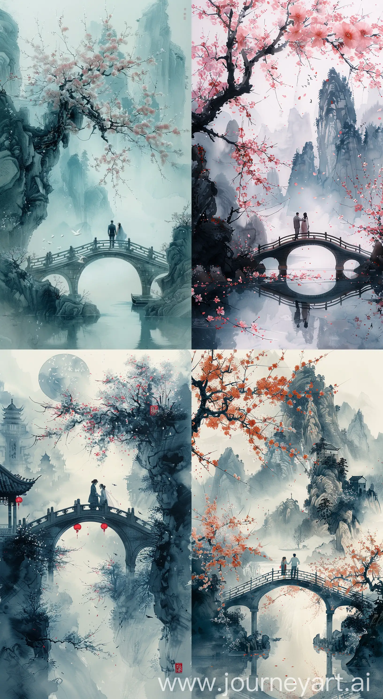 Loving-Couple-Strolling-Beneath-Cherry-BlossomLaden-Bridge-in-Atmospheric-Art