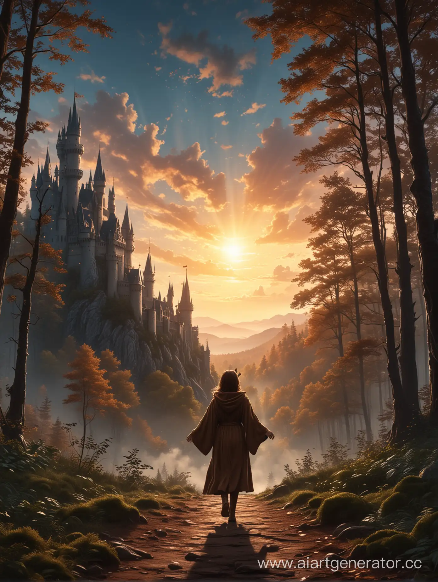 The castle is in the distance in the middle of the forest, with the silhouette of a dragon in the sky above it. Ahead is a brown-haired girl in whose hands the light of magic shines. She is wearing a robe and a hood partially conceals her face