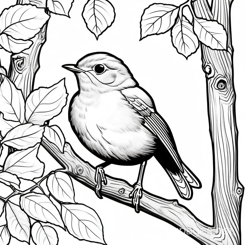 robin in a tree, Coloring Page, black and white, line art, white background, Simplicity, Ample White Space. The background of the coloring page is plain white to make it easy for young children to color within the lines. The outlines of all the subjects are easy to distinguish, making it simple for kids to color without too much difficulty