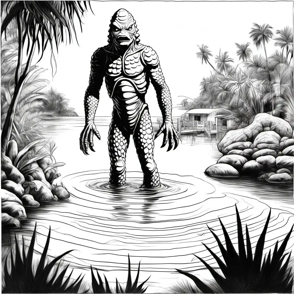 simple black and white drawing of  a scene from 'the creature from the black lagoon' dressed in white for coloring 
