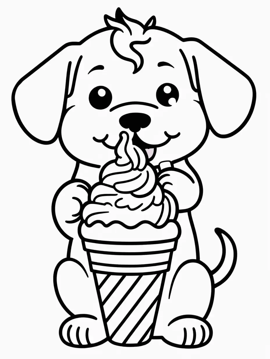 Coloring page for kids, kawaii puppy licking ice cream, cartoon style, thick lines, no shading