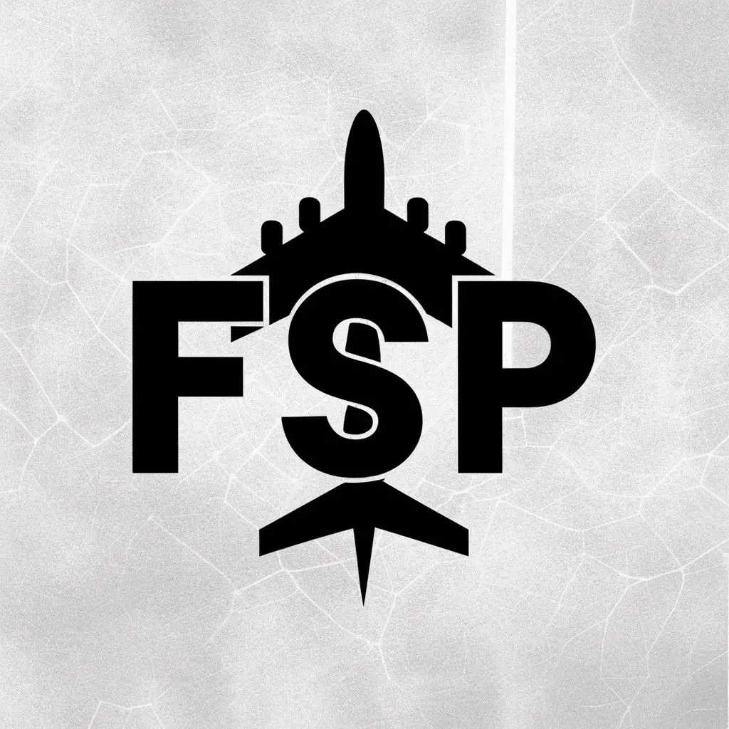 logo, airplane, with the text "create logo with only the letters in this order "FSP" and include an airplane, abstract black and white", typography