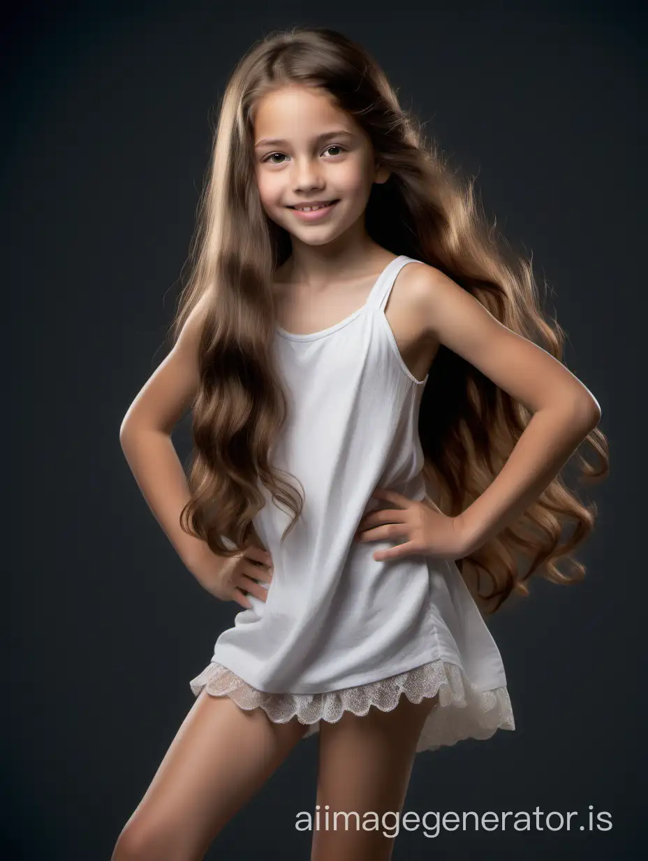 She is standing gracefully with one leg slightly bent, her hand resting on her hip while the other hand softly brushes through her flowing hair. Her gaze is confident yet alluring, with a subtle smile playing on her lips. This 10-year-old girl has a slender body with graceful proportions. She has a round head with soft facial features. Her round eyes, hazel in color, radiate joy and curiosity. Her small nose is slightly upturned, giving her a friendly look. She has full, gentle lips that are often adorned with a cheerful smile. This girl's hair is long and thick, dark chestnut in color. It cascades down her back in soft waves, creating an elegant look. Her hair also has a natural shine and softness., 8K UHD, full body in image, She is standing gracefully with one leg slightly bent, her hand resting on her hip while the other hand softly brushes through her flowing hair. Her gaze is confident yet alluring, with a subtle smile playing on her lips.