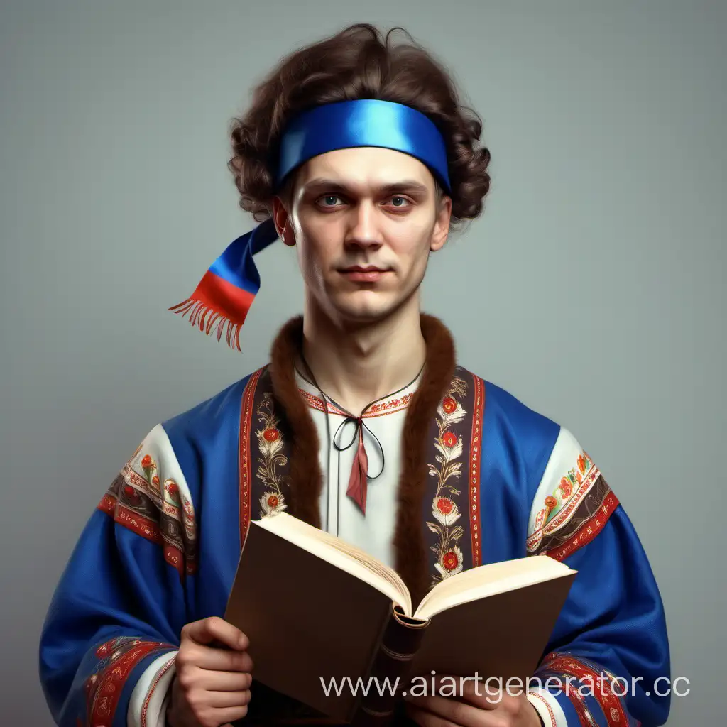 Реалистичный парень в русском народном наряде с тесёмкой на лбу и пером с книгой в руках