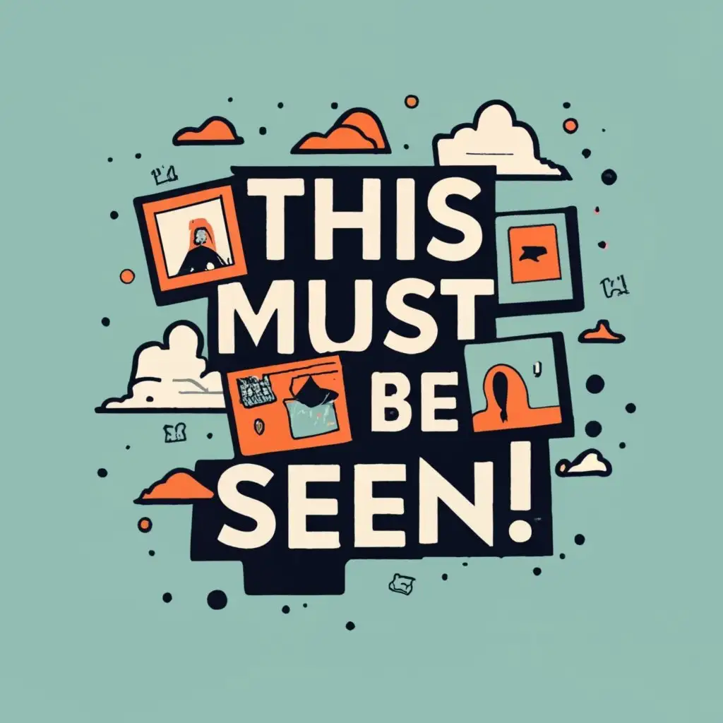 logo, 4 soft squares containing pictures about shows, travel, culture, events, with the text "This must be seen!", typography, be used in Internet industry