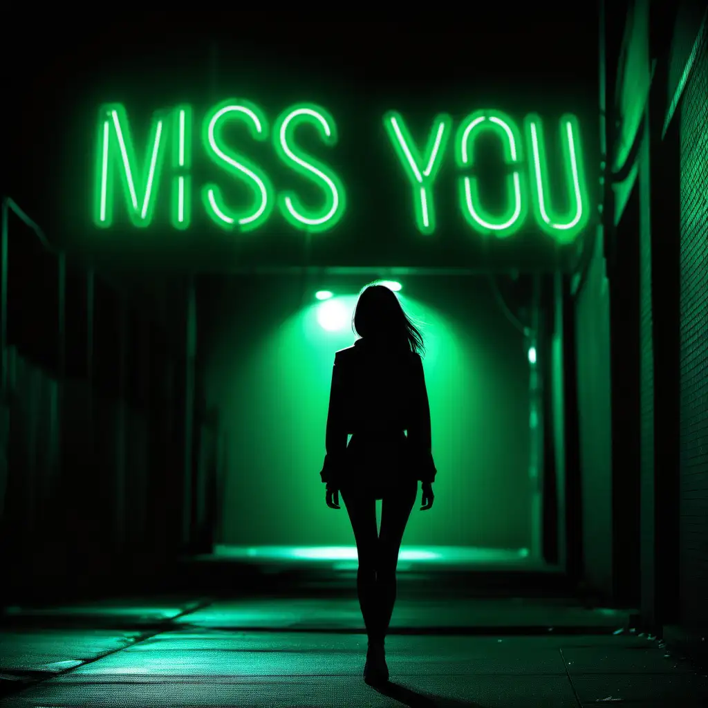 “Miss You” written in green neon lights, big city at night, silhouette of a woman walking away, professional photography style