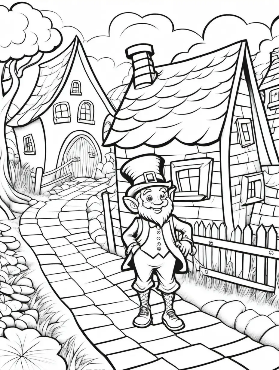 /imagine coloring pages for kids, leprechaun's in a village, thick lines, low detail, no shading, black and white - - ar 85:110