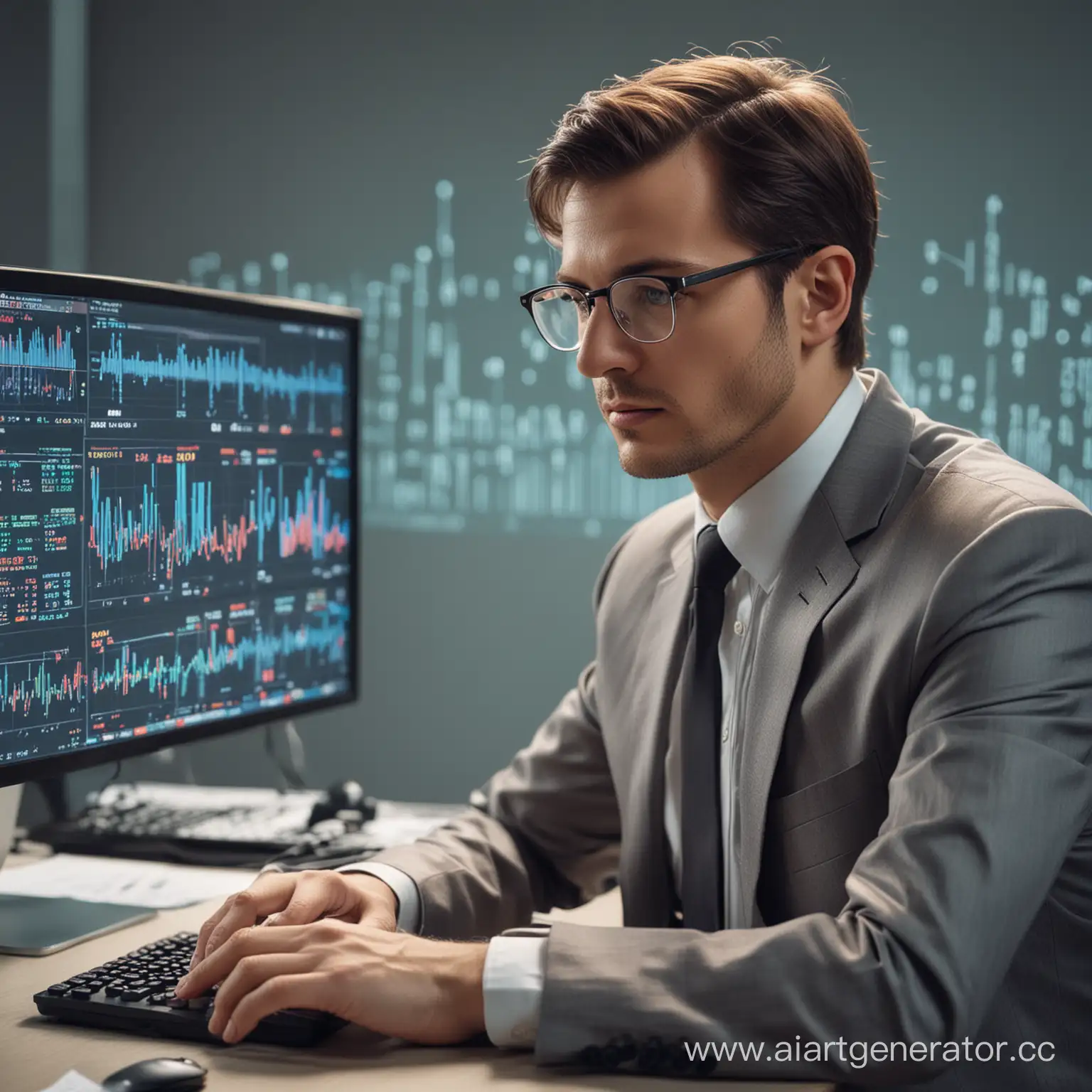 мужчина эксперт по искусственным интеллектам, сидит в очках за компьютером и смотрит на статистику