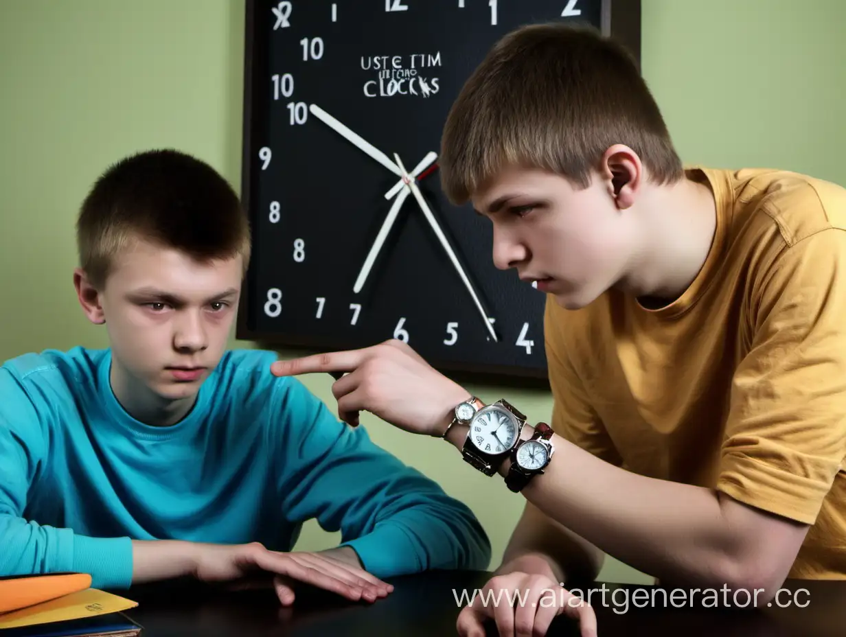 Русский Подросток мужского пола учит русского друга пользоваться часами и временем, вокруг них много часов