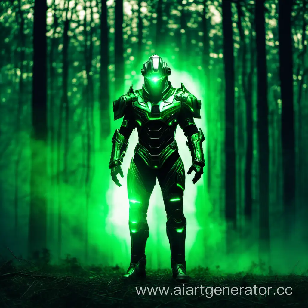 Мужчина в футуристичной броне с зелёным светом на фоне леса