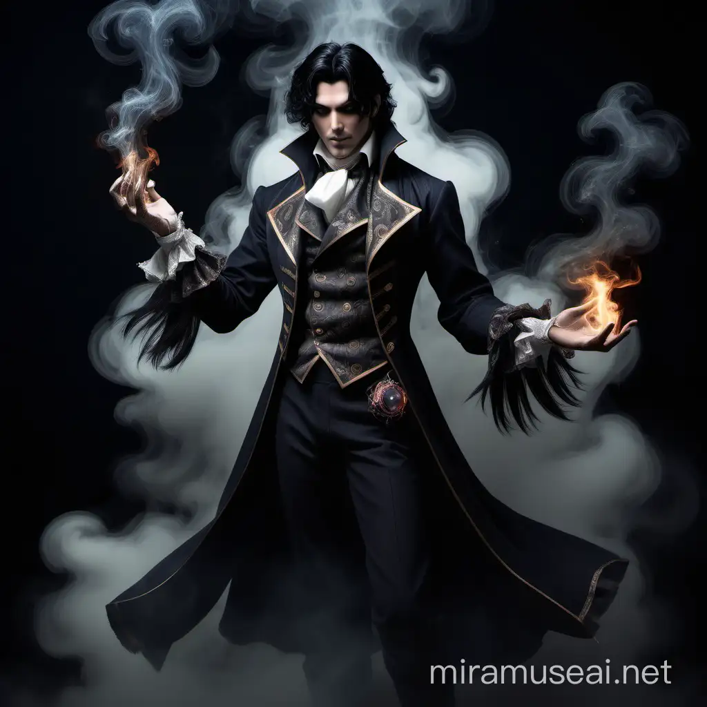 Victorian dhampir warlock, black hair, casting dark magic, smokey background, richter belmont