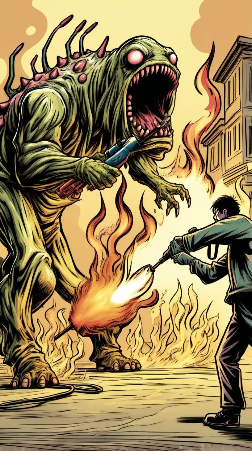 person killing a parasite monster with a flame thrower cartoonish