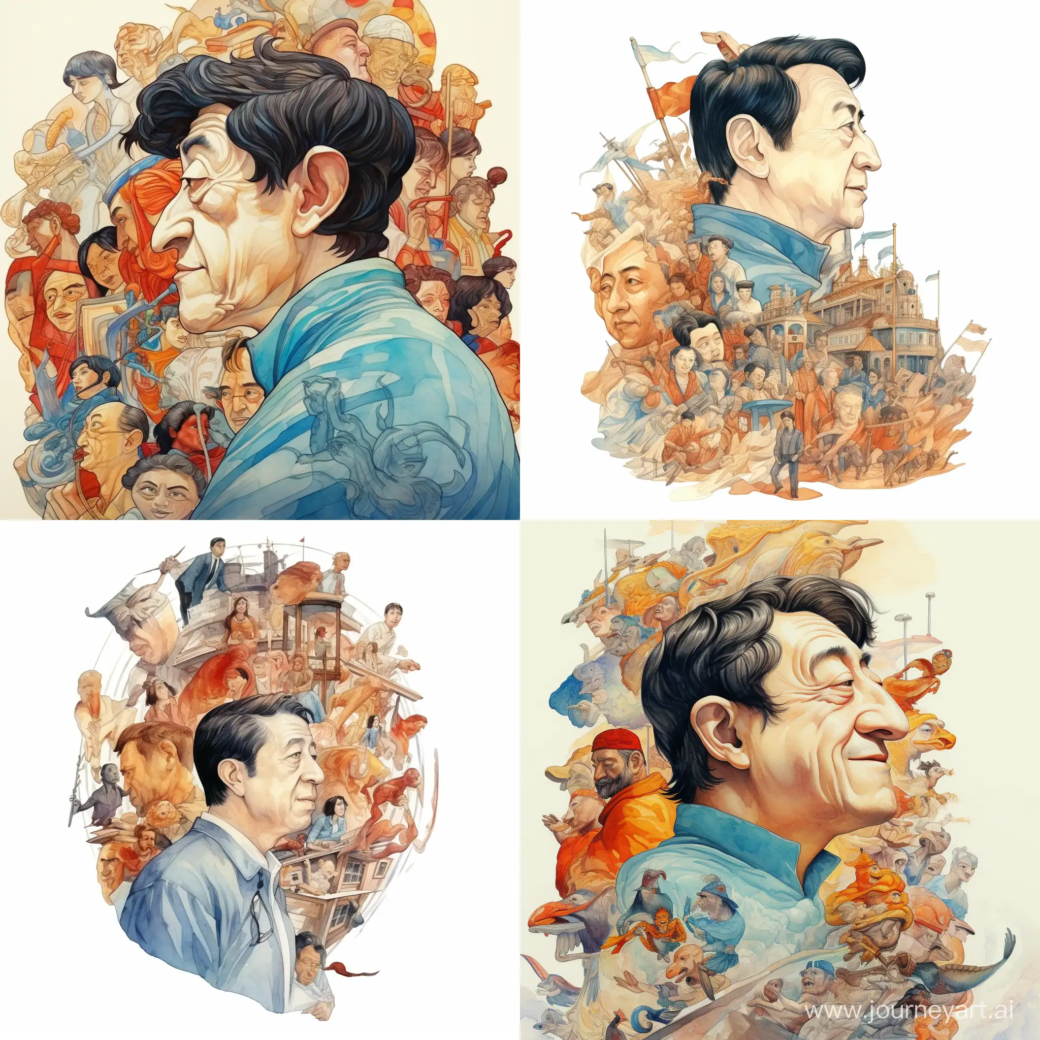 Jackie-Chan-Caricature-in-Impressionism-Style-with-Film-Characters-Background