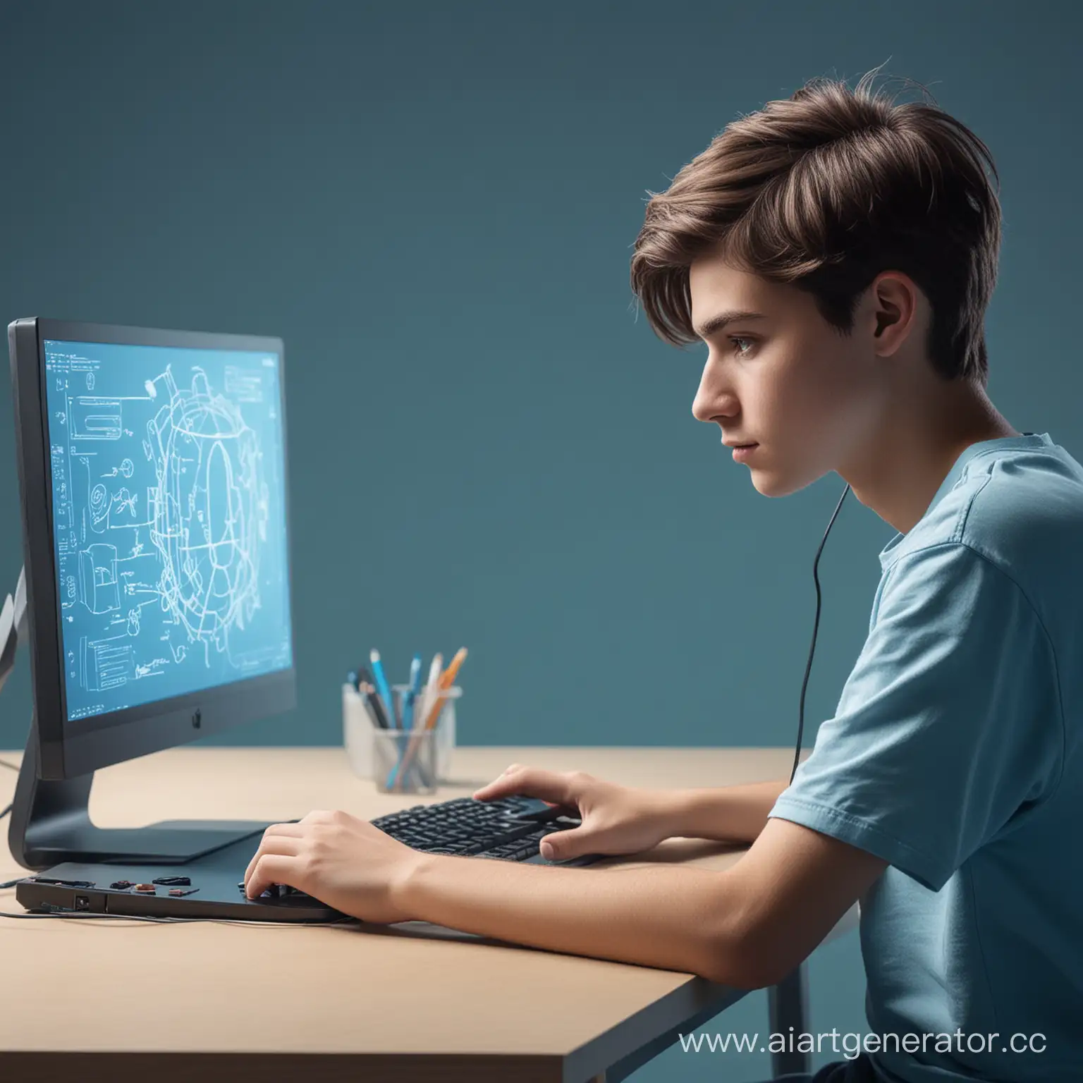 нарисуй картинку как ученик работает за компьютером и создает 3д модели для игры на голубом фоне