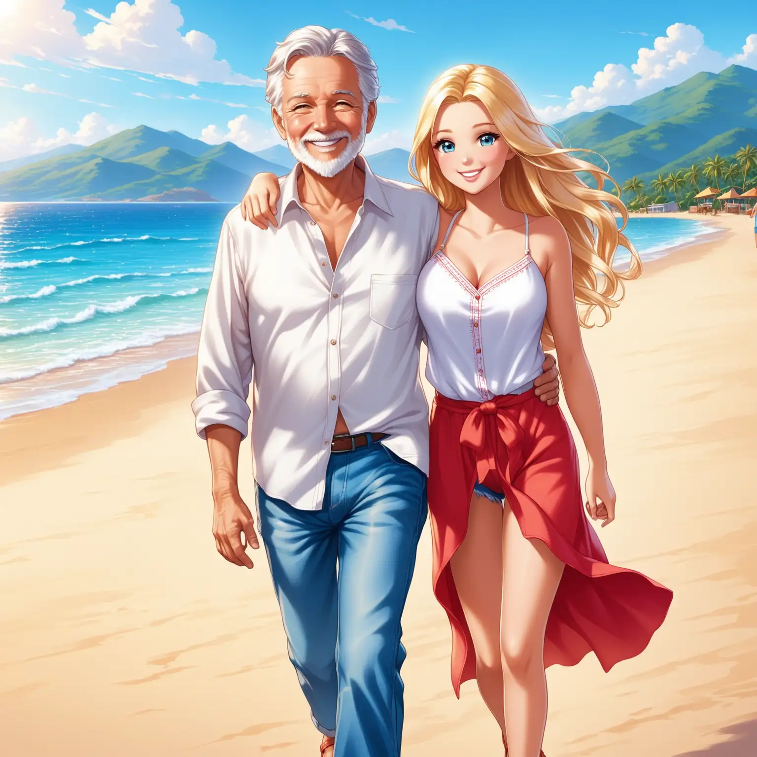 à la plage, vue de face, couple rempli de bonheur, Stacie 15 ans from Barbie blonde, regarde amoureusement sourire de félicité, chemise d'été blanche et paréo rouge et sandales marche amoureusement avec son mari un vieil homme andin cheveux gris, chemise d'été et jeans et sandales
