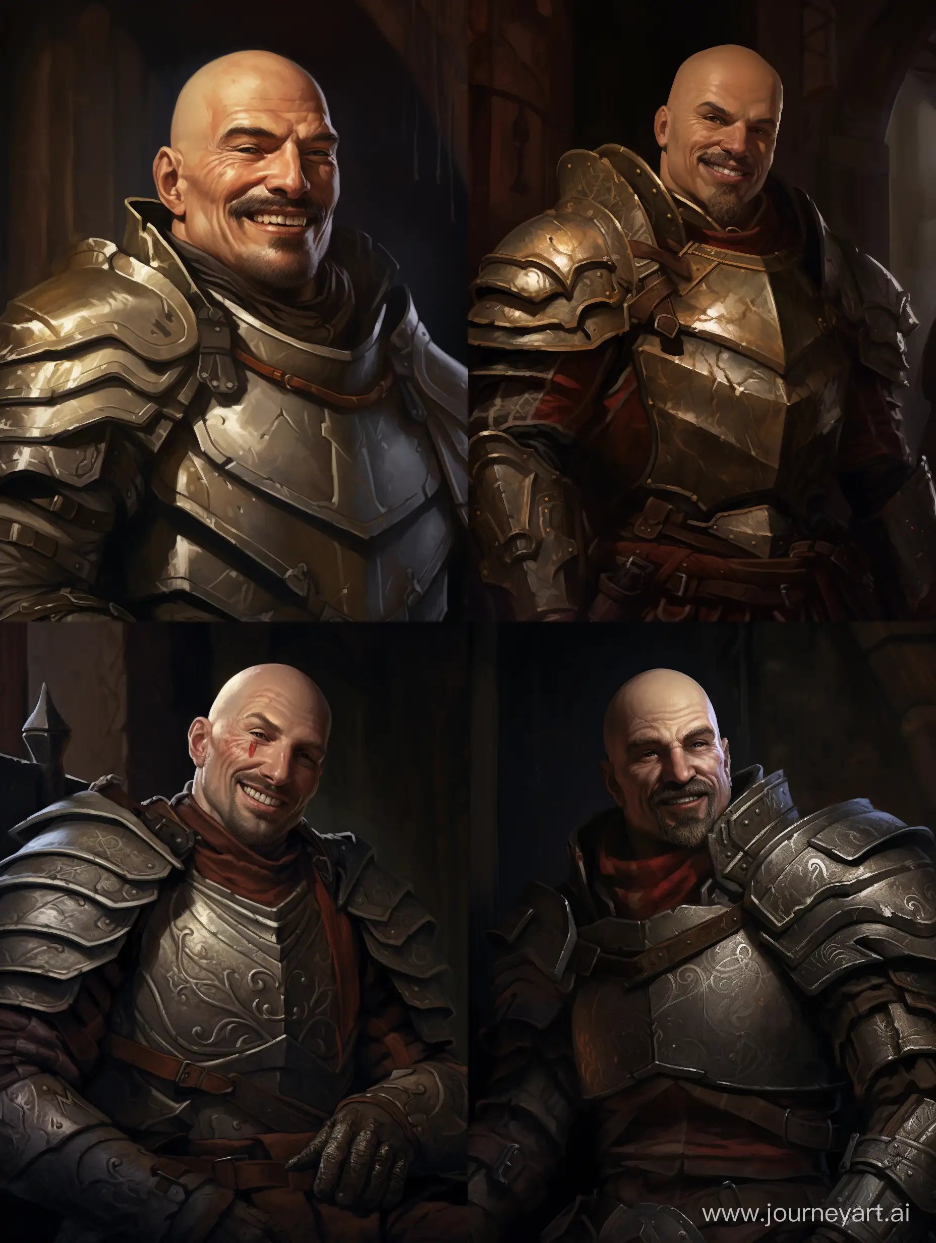 a half-orc man, white skin, bald, big moustache, smiling, using a black full plate armor, portrait