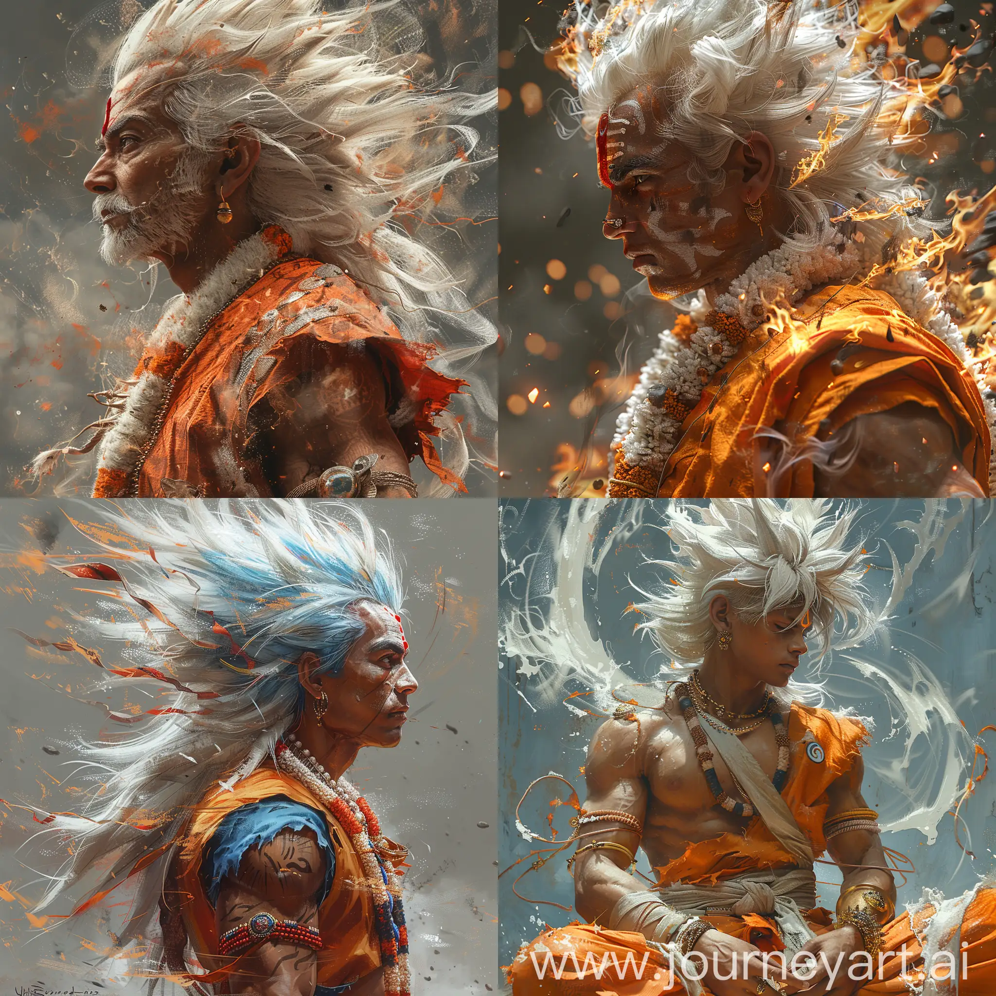 Ultra Instinct Goku reimagined as a powerful Indian warrior, intense focused expression, ethereal aura swirling, profile portrait, wearing his attire fused with Saiyan armor, mythical ambiance, deep cultural influence, action-packed pose, aiming for the highest level of aesthetic excellence worthy of an Oscar award --ar 1:1 --s 750 --v 6