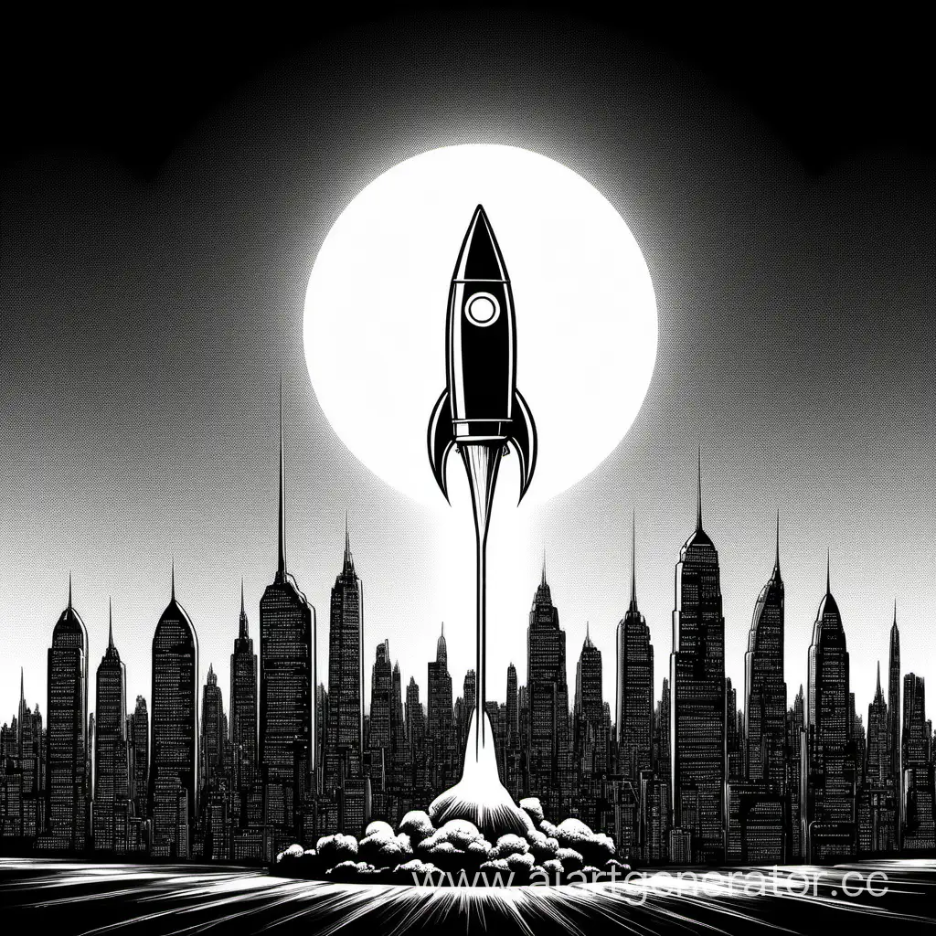На переднем плане ракета, на заднем зажженная лампочка всё в минималистичном стиле в чёрно белом на фоне город будущего тоже в чёрно белом