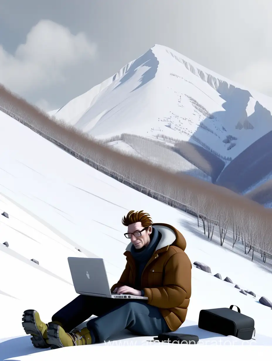 Мужчина сидит за ноутбуком на сколне снежной горы, спереди большая надпись TILDA, вокруг зима