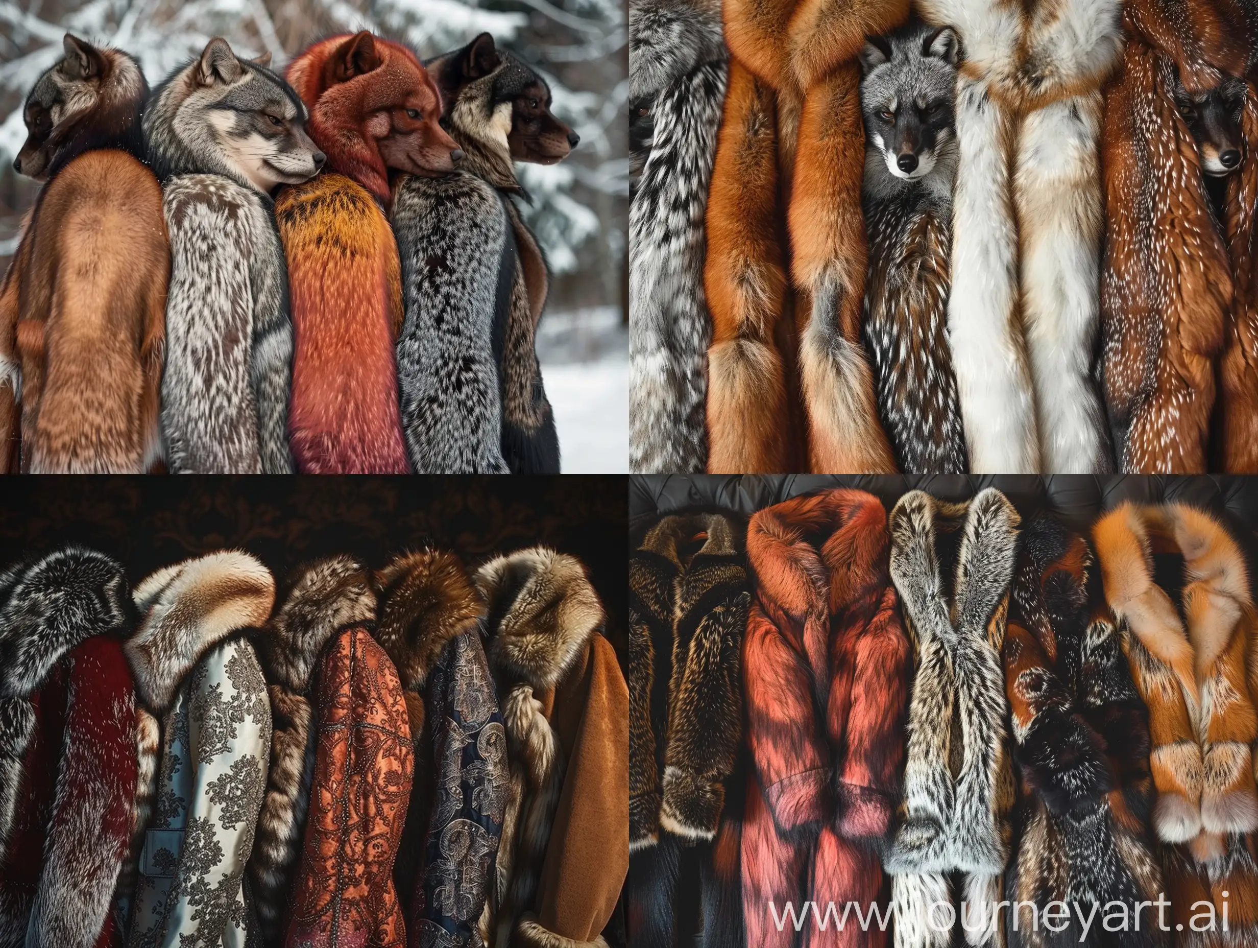 Generate a picture of 4 Fur coats in different colours and patterns 