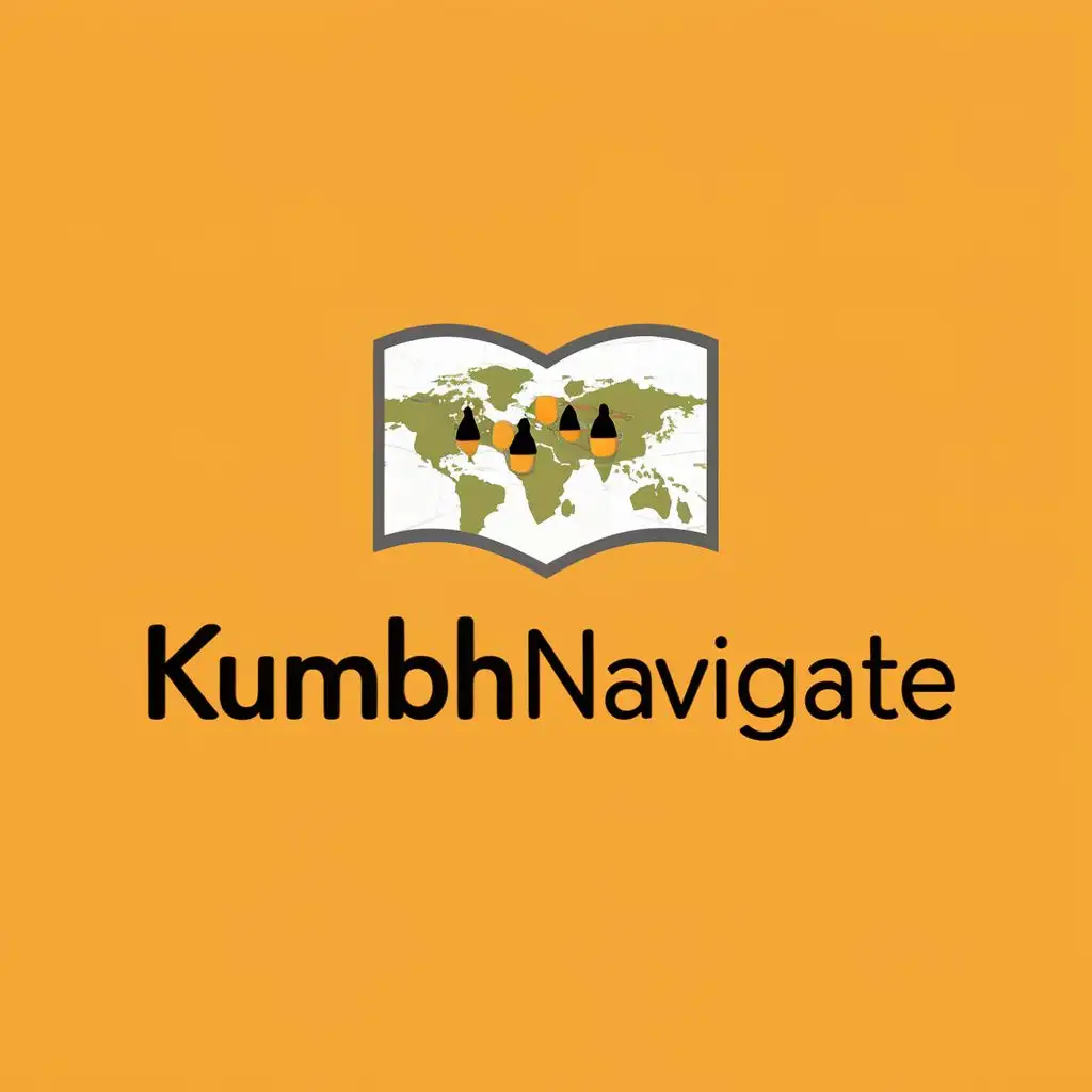 logo, small map navigating stall, with the text "KumbhNavigate", typography