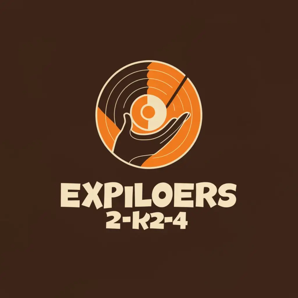a logo design, with the text Explorers 2k24, main symbol: hand holding an LP, Minimalistic, clear background colors blue and white