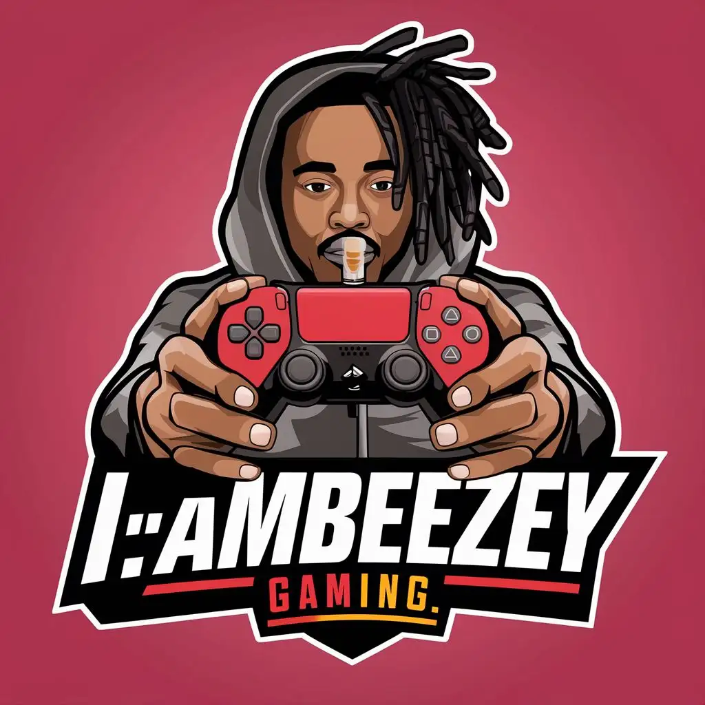 logo, black man with dreadlocks holding a red and black PS5 controller, he's also wearing a hoodie and smoking a vape, with the text "iambeezey gaming.", typography