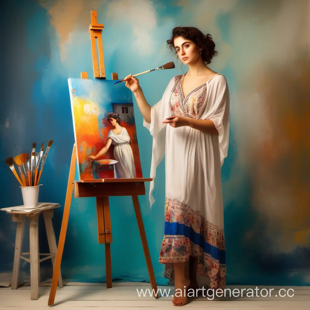 женщина гречанка на ярком фоне, в красивом платье, художница, живопись, палитра, мольберт